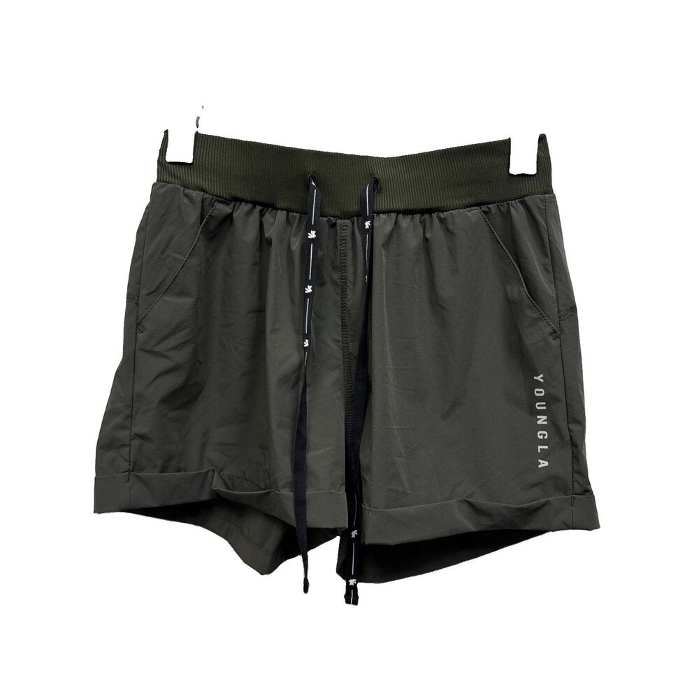 YoungLA Shorts Women XS Dark Olive Green Velocity Running Shorts Drawstring Logo